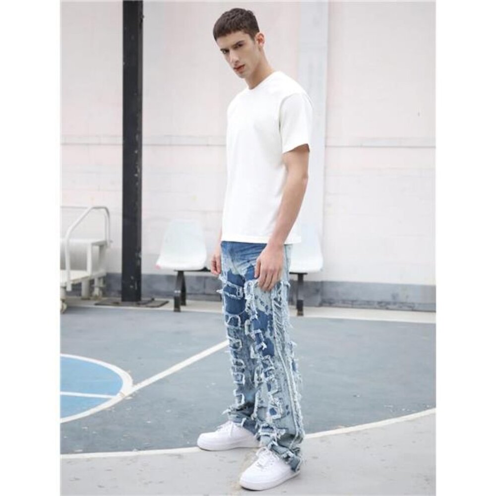 New w Tags Men's Ripped Bootcut Jeans Slim Fit Bell Bottom Ripped Flared Denim - Picture 7 of 7